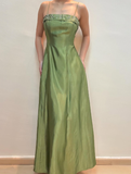 Vintage A Line Spaghetti Strap Beaded Green Satin Prom Dress Evening Dress HZ1023