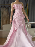 Sweet Pink Mermaid Strapless 3D Floral Satin Prom Dress Evening Dress HZ1023