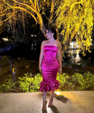 Cute Sheath Strapless Hot Pink Satin Prom Dress Graduation Prom Dress HZ1023