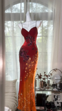 Exquisite Burgundy Orange Floral Beaded Ball Gown Long Chiffon Date Dress Evening Dress HZ1023