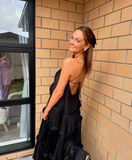 Sexy A Line Halter Black Satin Open Back Prom Dress Evening Dress HZ1023