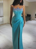 Gorgeous Sheath Strapless Pearl Beaded Blue Satin Prom Dress Evening Dress with Slit HZ1023