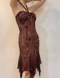Vintage Sheath Halter Beaded Brown Chiffon Short Homecoming Dress Evening Dress HZ1023