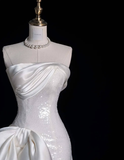Cute Sheath Strapless Bow White Sequin Satin Long Sweep Prom Dress Graduation Prom Dress HZ1023