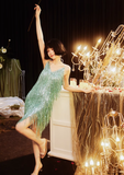 Shiny Bright Green Sequin A Line Spaghetti Strap Short Homecoming Dress Cocktail Dress HZ1023