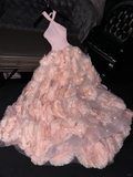 Gentle A Line Halter Pink 3D Flower Tulle Long Prom Dress Graduation Prom Dress HZ1023