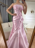 Sweet Pink Mermaid Strapless 3D Floral Satin Prom Dress Evening Dress HZ1023