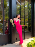 Hot Pink Butterfly Sheath Spaghetti Strap Satin Open Back Long Prom Dress Vacation Dress HZ1023