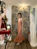 Vintage Exquisite A Line Straps Orange Beaded Tulle Prom Dress Wedding Guest Dress HZ1023