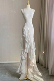 Spaghetti Straps White Mermaid Evening Dress With Ruffles Backless Prom Dress HZ1023