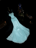 Gentle Mermaid Spaghetti Strap Beaded Blue Chiffon Satin Prom Dress Party Dress HZ1023