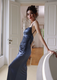 Simple Navy Blue Mermaid Spaghetti Strap Satin Open Back Long Evening Dress Gown Dress HZ1023