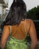 Sexy A Line V Neck Beaded Green Satin Open Back Long Party Dress Evening Dress HZ1023