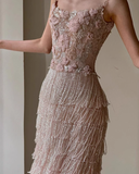 Exquisite Beaded Floral A Line Spaghetti Strap Tulle Long Evening Dress Gown Dress HZ1023