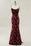 Vintage Mermaid Spaghetti Straps Burgundy Printed Velvet Long Prom Dress with Slit HZ1023
