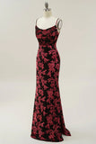 Vintage Mermaid Spaghetti Straps Burgundy Printed Velvet Long Prom Dress with Slit HZ1023