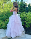Light Pink A Line V-neck Ruffled Tulle Prom Dress With Belt HZ1023