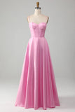 Simple A Line Spaghetti Straps Pink Satin Corset Prom Dress Evening Dress HZ1023