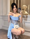 Sexy Sheath Off the Shoulder Corset Blue Satin Homecoming Dress Cocktail Dress HZ1023