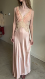 Vintage A Line V Neck Lace Satin Pink Satin Chiffon Prom Dress Evening Dress HZ1023