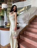 Simple Ivory A Line Straps Satin Long Wedding Guest Dress Party Dress HZ1023