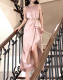 Light Pink A Line Straps Rhinestone Satin Prom Dress Evening Dress Formal Dress with Slit HZ1023