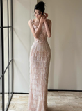 Exquisite Beaded Floral A Line Spaghetti Strap Tulle Long Evening Dress Gown Dress HZ1023