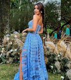 Blue Strapless Slit Prom Dresses With Appliques HZ1023