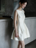 Simple A Line Round Neck Pearl White Satin Short Homecoming Dress Birthday Dress HZ1023