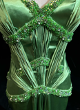 Elegant Green A Line Spaghetti Straps Beaded Pleated Satin Prom Dress Evening Dress HZ1023