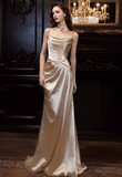Champagne A Line Spaghetti Strap Pleated Satin Prom Dress Party Dress HZ1023