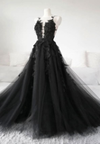 Classic Black Lace Tulle Long Prom Dress Black Evening Dress HZ1023