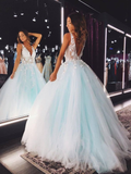 V Neck Open Back Tulle Applique Long Prom Dress HZ1023
