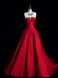 Simple A Line Strapless Red Satin Long Sweep Prom Dress Graduation Prom Dress HZ1023