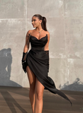Sexy Black Sheath Strapless Pleated Satin Short Homecoming Dress Cocktail Dress HZ1023