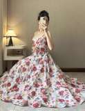 Princess A Line Spaghetti Strap Print Floral Satin Prom Dress 16th Birthday Dress HZ1023