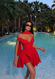 Stunning Red A Line Off the Shoulder Satin Short Homecoming Dress Cocktail Birthday Dress HZ1023