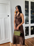 Simple A Line Halter Brown Satin Open Back Evening Dress Party Dress HZ1023