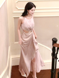 Light Pink A Line Straps Rhinestone Satin Prom Dress Evening Dress Formal Dress with Slit HZ1023