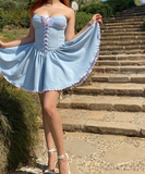 Princess A Line Sweetheart Neck Sky Blue Satin Short Homecoming Dress Birthday Dress HZ1023