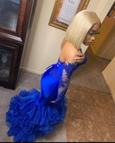 Royal Blue Satin Applique Layered Tulle Mermaid Prom Dress With Long Sleeves Gloves HZ1023