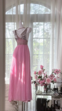 Shiny Pink Beaded Silver Sequin V Neck Chiffon Date Dress Evening Dress Wedding Guest Dress HZ1023