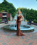Elegant Mermaid Straps Brown Satin Long Sweep Prom Dress Evening Dress HZ1023