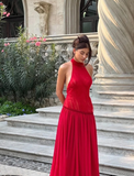 Charming Red A Line Halter Tulle Chiffon Long Prom Dress Evening Dress HZ1023