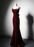 Elegant Burgundy Spaghetti Straps Velvet Mermaid Prom Dress Evening Dress HZ1023
