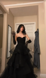 Princess A Line Sweetheart Neck Black Tiered Tulle Long Prom Dress Evening Dress HZ1023