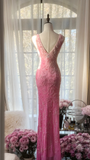 Gorgeous Sheath V Neck Beaded Pink Ombre Chiffon Long Party Dress Wedding Guest Dress HZ1023