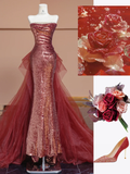 Shiny Mermaid Strapless Red Sequin Tulle Long Prom Dress Party Dress HZ1023