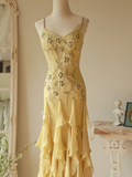Yellow Mermaid Spaghetti Strap Embroidered Beaded Ruffle Chiffon Prom Dress Formal Dress HZ1023
