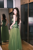 Cute A Line Sweetheart Neck Green Tulle Satin Party Dress Birthday Dress with Bow HZ1023